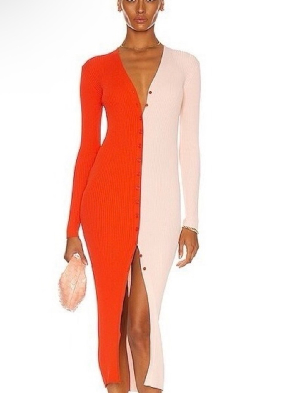 STAUD Red and Cream Ribbed Button-Front Knit Maxi